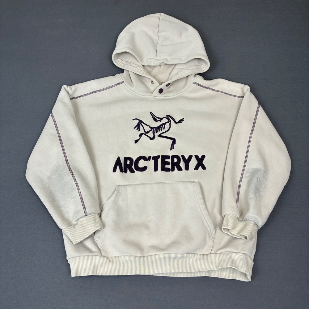 Arc'teryx Off White Pullover Hoodie Purple Spell Out Logo Size Medium